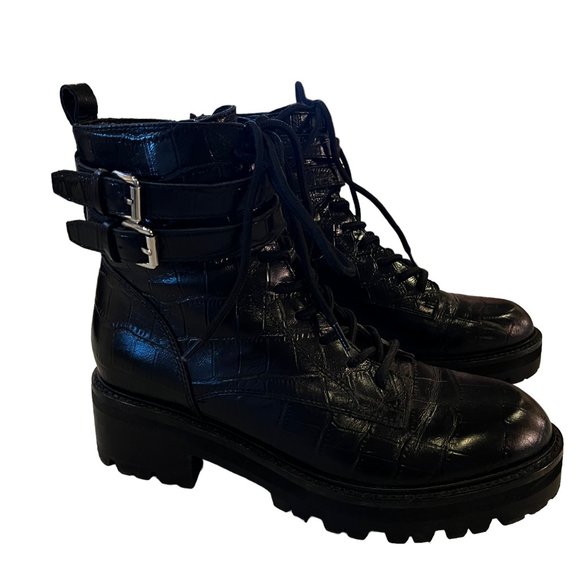 Marc Fisher LTD MLBARREN 2 Black Embossed Leather Combat Boots Size 7.5 M - Picture 3 of 12